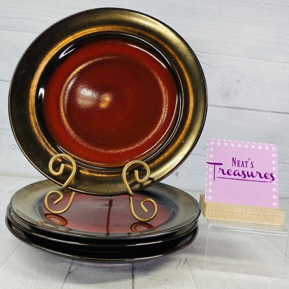Over and Back Crackled Design Red Bronze Rim Round Ceramic Dinner Plates Set 4 - Picture 1 of 16
